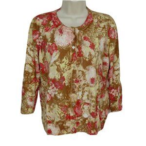 Talbots Womens Large Floral Flower Beaded Bead Knit Cardigan Sweater 3/4 Sleeves